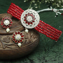 Rhodium-Plated with Silver-Tone Red Stone Studded Jewellery Set