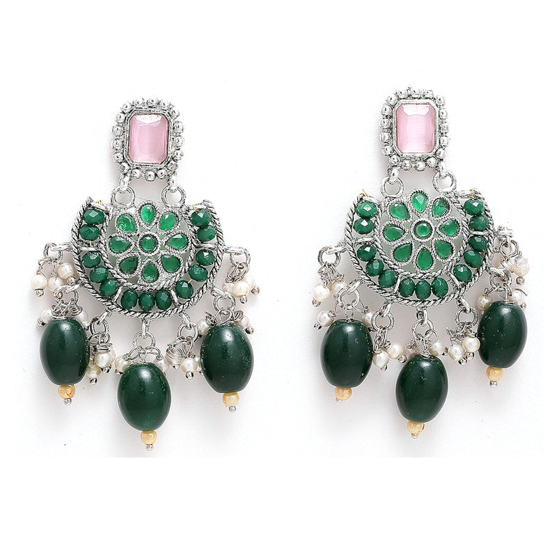 Rhodium-Plated with Silver-Tone Green & Pink Stone-Studded Traditional Choker