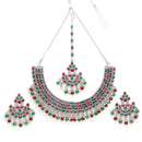 Rhodium-Plated with Silver-Tone Silver-Plated Red & Green Stones Studded Jewellery Set