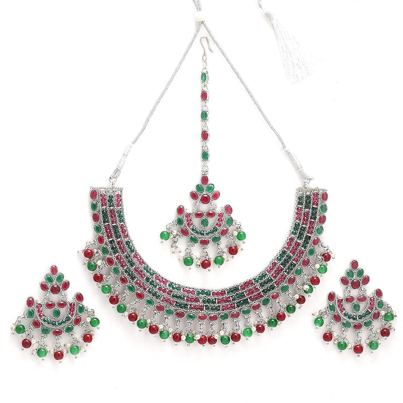 Rhodium-Plated with Silver-Tone Silver-Plated Red & Green Stones Studded Jewellery Set