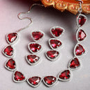 Rhodium-Plated with Silver-Tone Triangular Red & White American Diamond Studded Jewellery Set