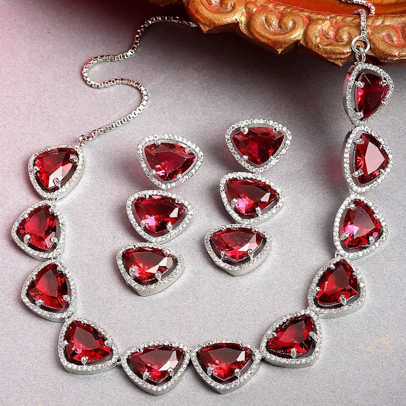 Rhodium-Plated with Silver-Tone Triangular Red & White American Diamond Studded Jewellery Set