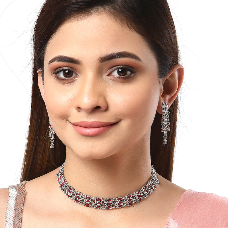 Rhodium-Plated with Oxidised Silver-Tone Red Kundan Studded Jewellery Set