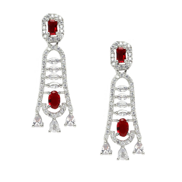 Rhodium-Plated Red American Diamond studded Classic Contemporary Drop Earrings