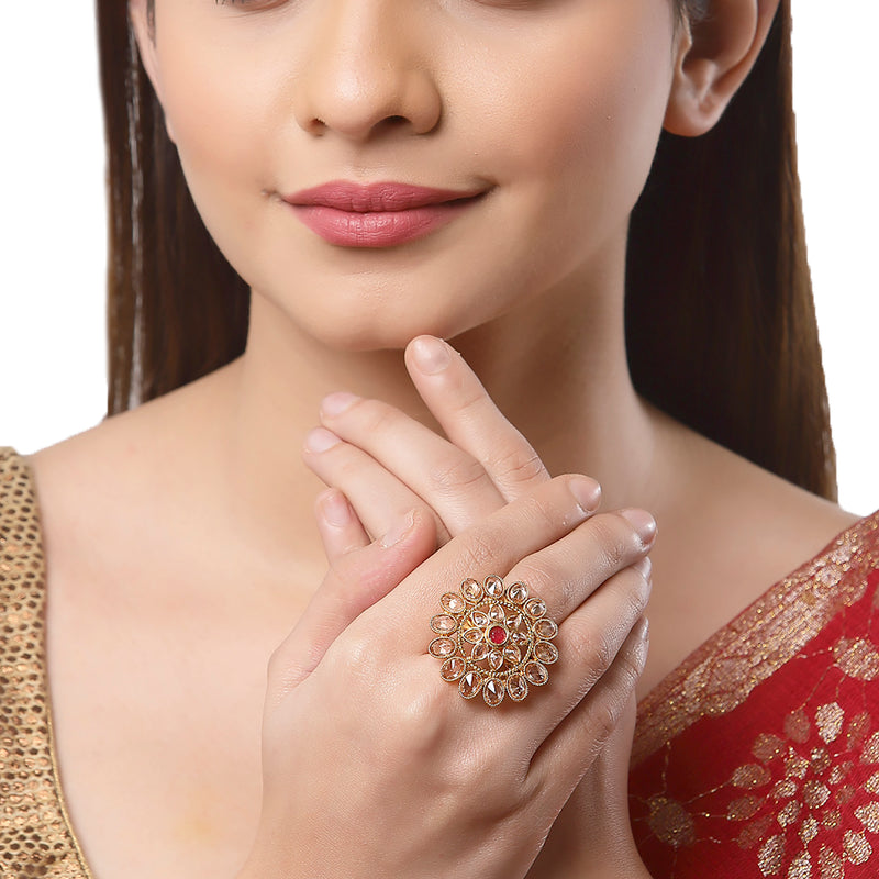 Gold-Plated Red & White Cubic Zirconia Studded Ring