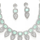 Rhodium Plated Silver Toned Teardrop Floral Design White  & Sea Green Square AD Studded Necklace Set & Matching Earrings