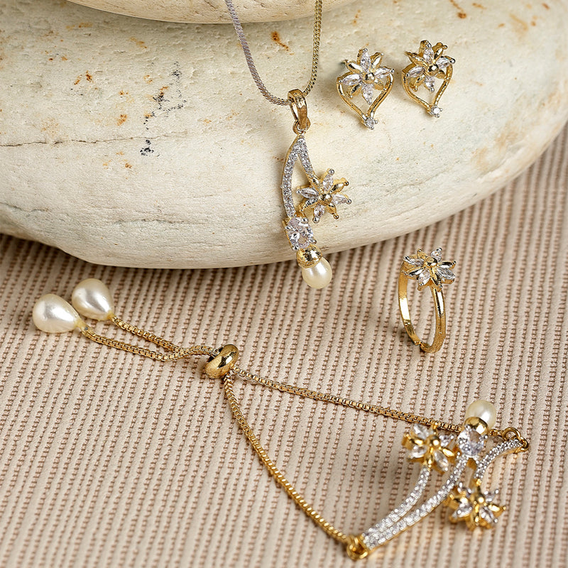Flower & Leaf shape Gold-Plated White Cubic Zirconia Stone-Studded Jewellery Set Combo