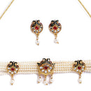Gold Plated Designer Meena Work Leaf Shaped Necklace Set With Earrings