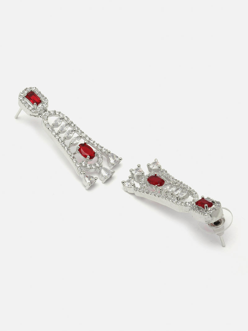 Rhodium-Plated Red American Diamond studded Classic Contemporary Drop Earrings