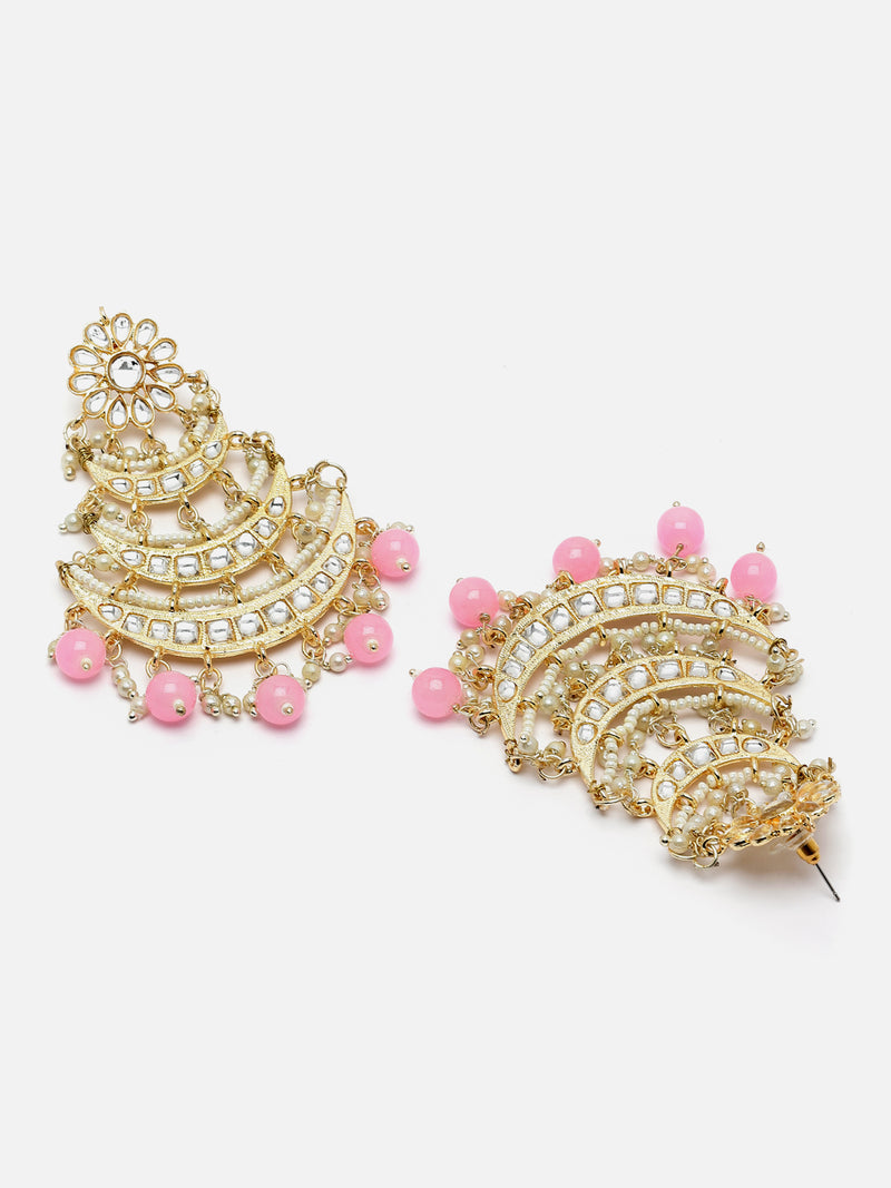 Gold-Plated Pink Pearls & Kundan studded Crescent Shaped Vilandi Drop Earrings