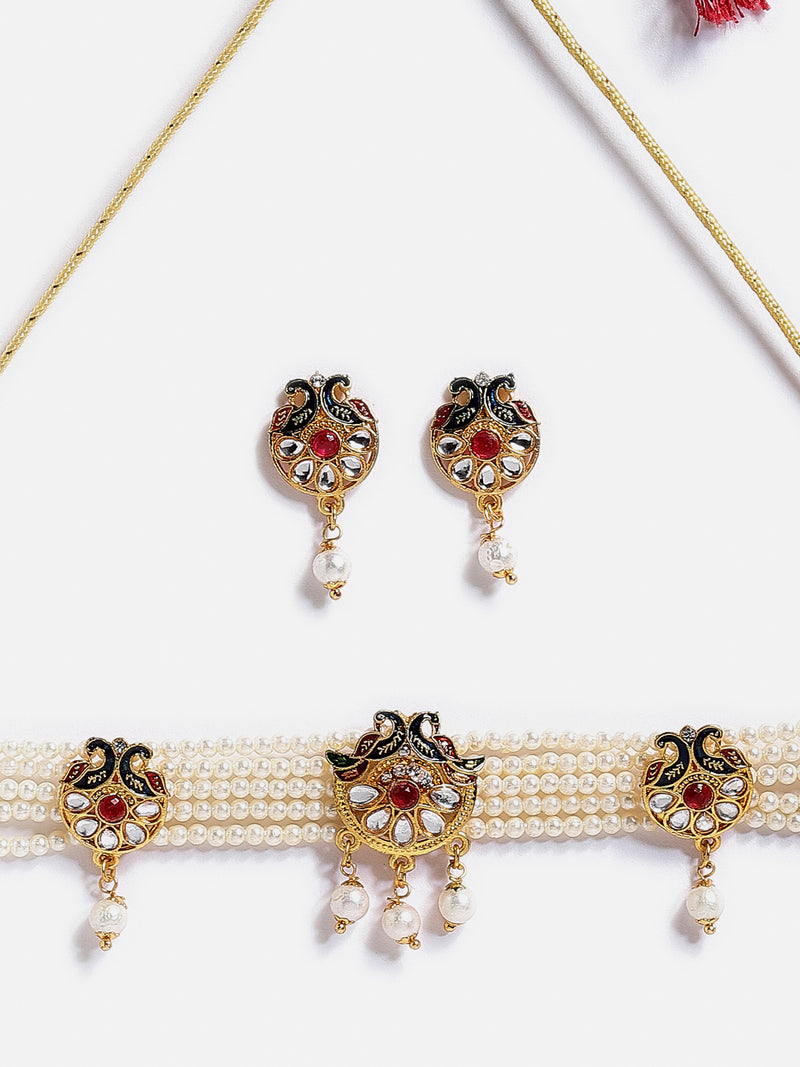 Gold Plated Designer Meena Work Leaf Shaped Necklace Set With Earrings