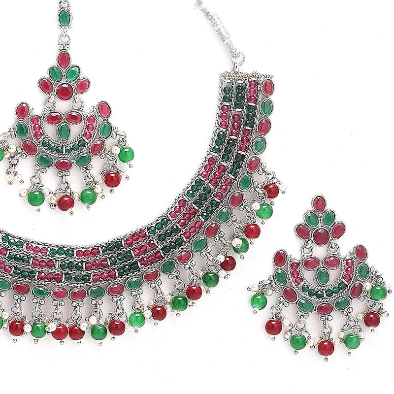 Rhodium-Plated with Silver-Tone Silver-Plated Red & Green Stones Studded Jewellery Set