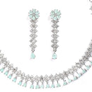 Rhodium-Plated with Silver-Tone Sea Green American Diamond-Studded Flower Design Jewellery Set