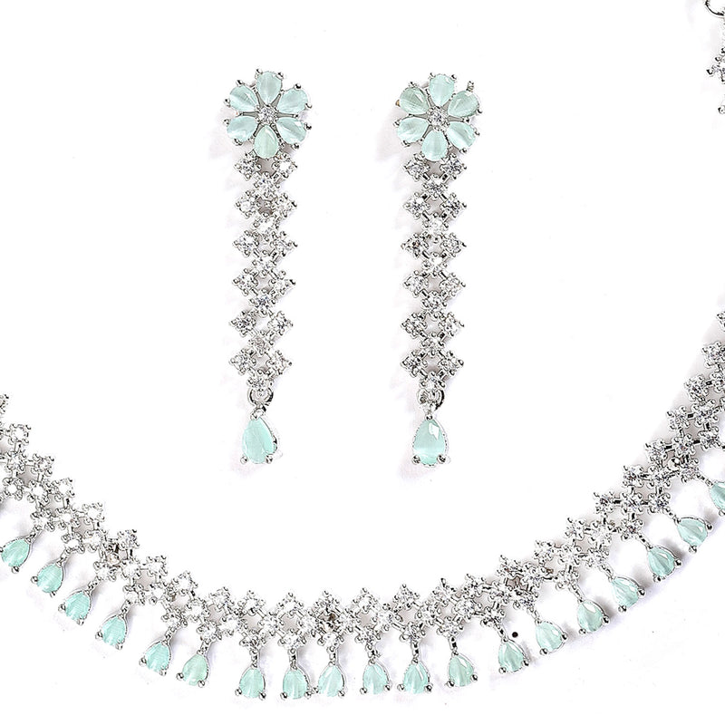 Rhodium-Plated with Silver-Tone Sea Green American Diamond-Studded Flower Design Jewellery Set
