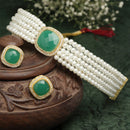 White Pearl Beaded with Green American Diamond Stone Gold-Plated Jewellery Set