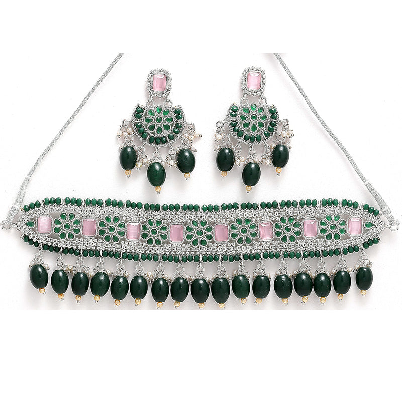 Rhodium-Plated with Silver-Tone Green & Pink Stone-Studded Traditional Choker