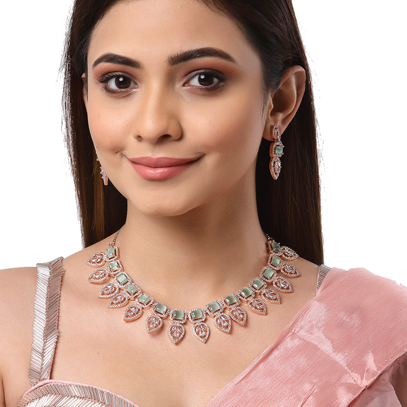 Rose Gold-Plated White & Green Crystal Studded Handcrafted Jewellery Set