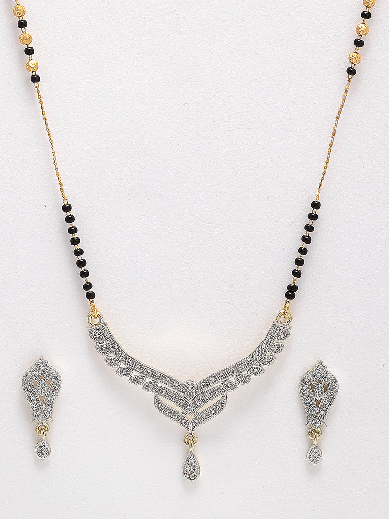 Gold-Plated Black & White American Diamond Studded & Beaded Mangalsutra With Earrings For Women
