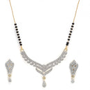 Gold-Plated Black & White American Diamond Studded & Beaded Mangalsutra With Earrings For Women