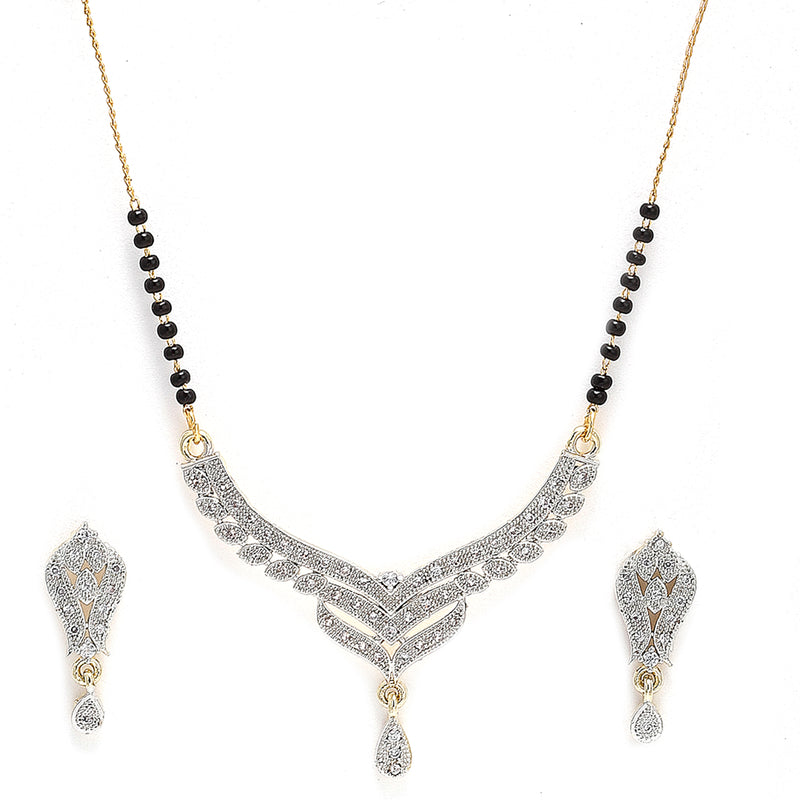 Gold-Plated Black & White American Diamond Studded & Beaded Mangalsutra With Earrings For Women