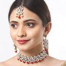 Gold Plated Royal Crafted Stones Studded And Red And Pearl Beads Flower Shaped Necklace Set With  Maang Tikka And Earrings