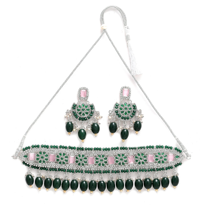 Rhodium-Plated with Silver-Tone Green & Pink Stone-Studded Traditional Choker