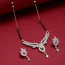 Flower Shaped Gold Plated Black Beaded white AD-Stone Studded Mangalsutra with Earrings