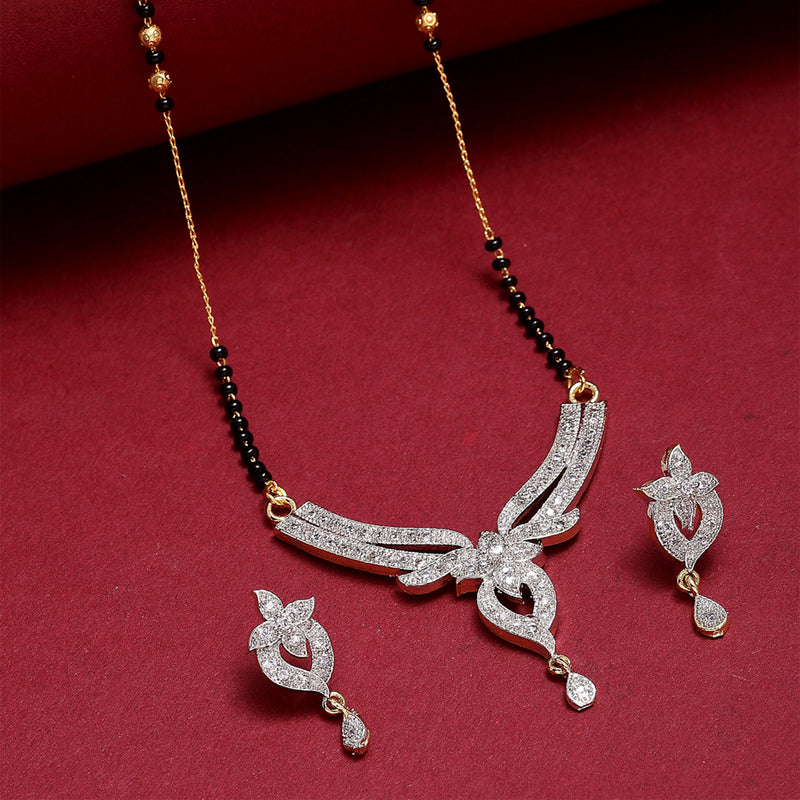 Flower Shaped Gold Plated Black Beaded white AD-Stone Studded Mangalsutra with Earrings