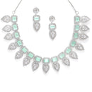 Rhodium Plated Silver Toned Teardrop Floral Design White  & Sea Green Square AD Studded Necklace Set & Matching Earrings