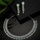 Rhodium-Plated with Silver-Tone Sea Green American Diamond-Studded Flower Design Jewellery Set