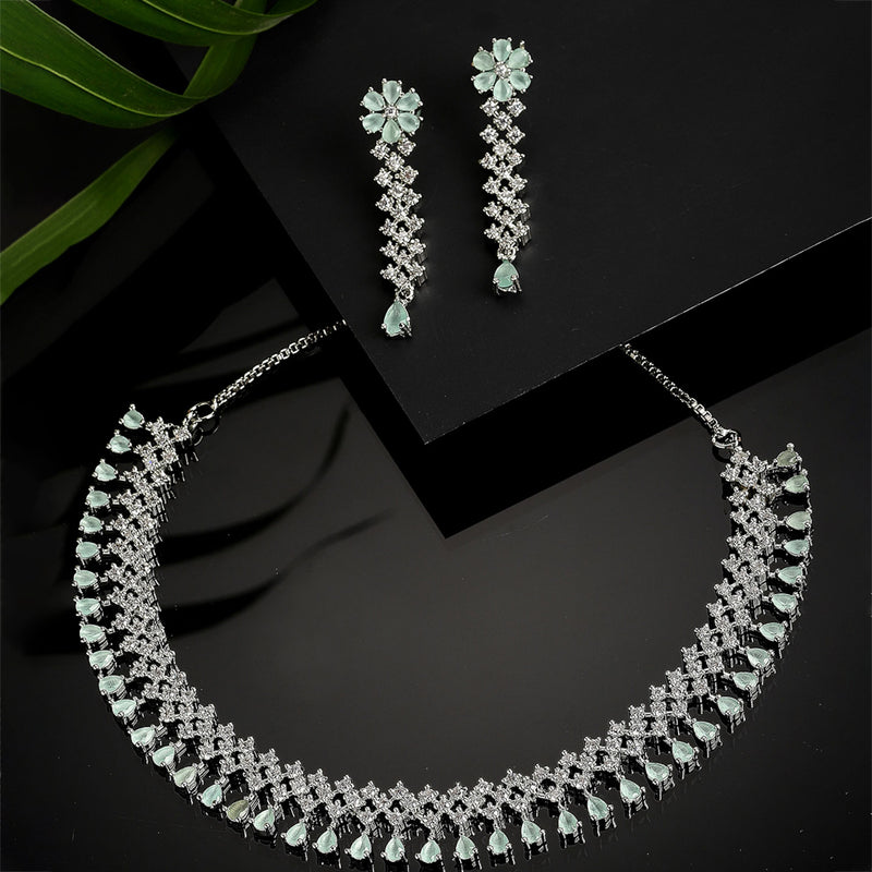 Rhodium-Plated with Silver-Tone Sea Green American Diamond-Studded Flower Design Jewellery Set