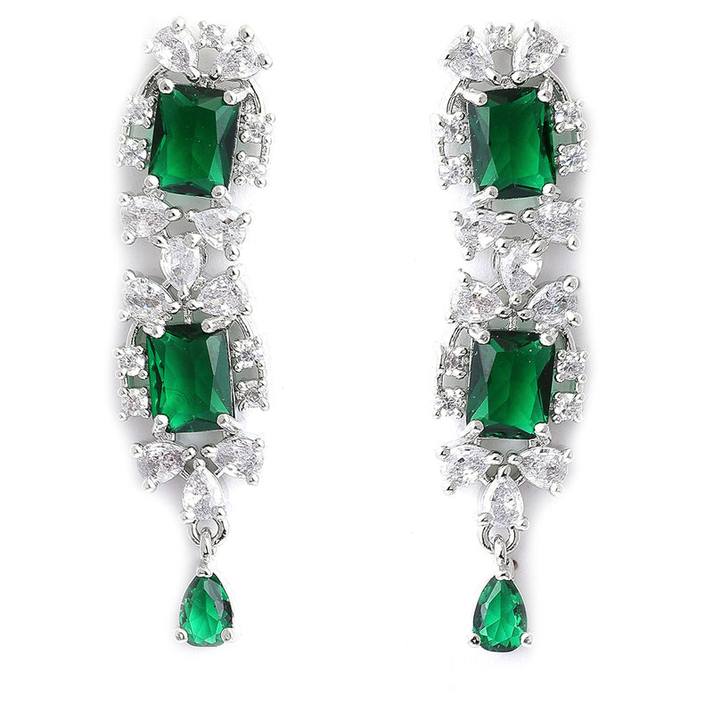 Rhodium-Plated with Silver-Tone & Green American Diamond Stone Studded Jewellery Set