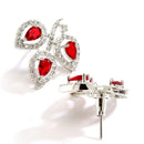 Rhodium-Plated with Silver-Toned Red American Diamond Leaf Shaped Studs Earrings