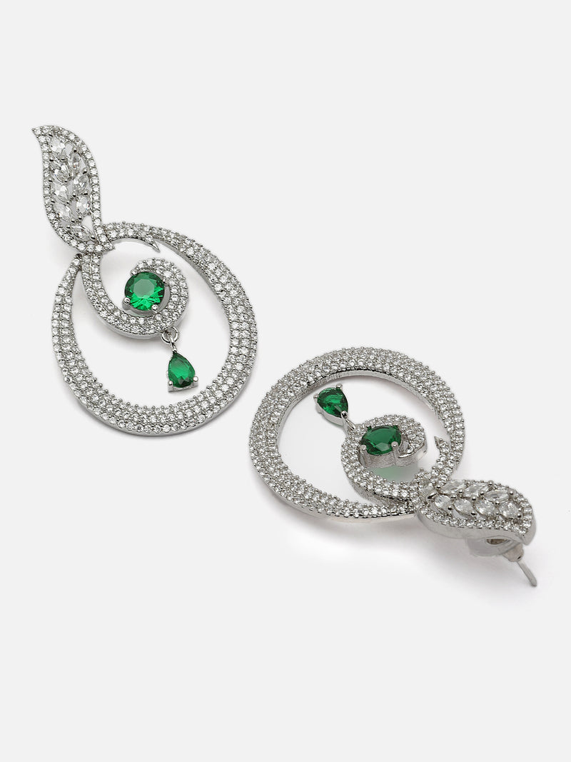 Rhodium-Plated Green & White American Diamond studded Oval Shaped Drop Earrings