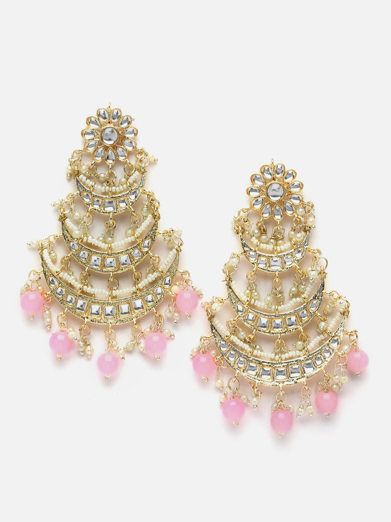 Gold-Plated Pink Pearls & Kundan studded Crescent Shaped Vilandi Drop Earrings