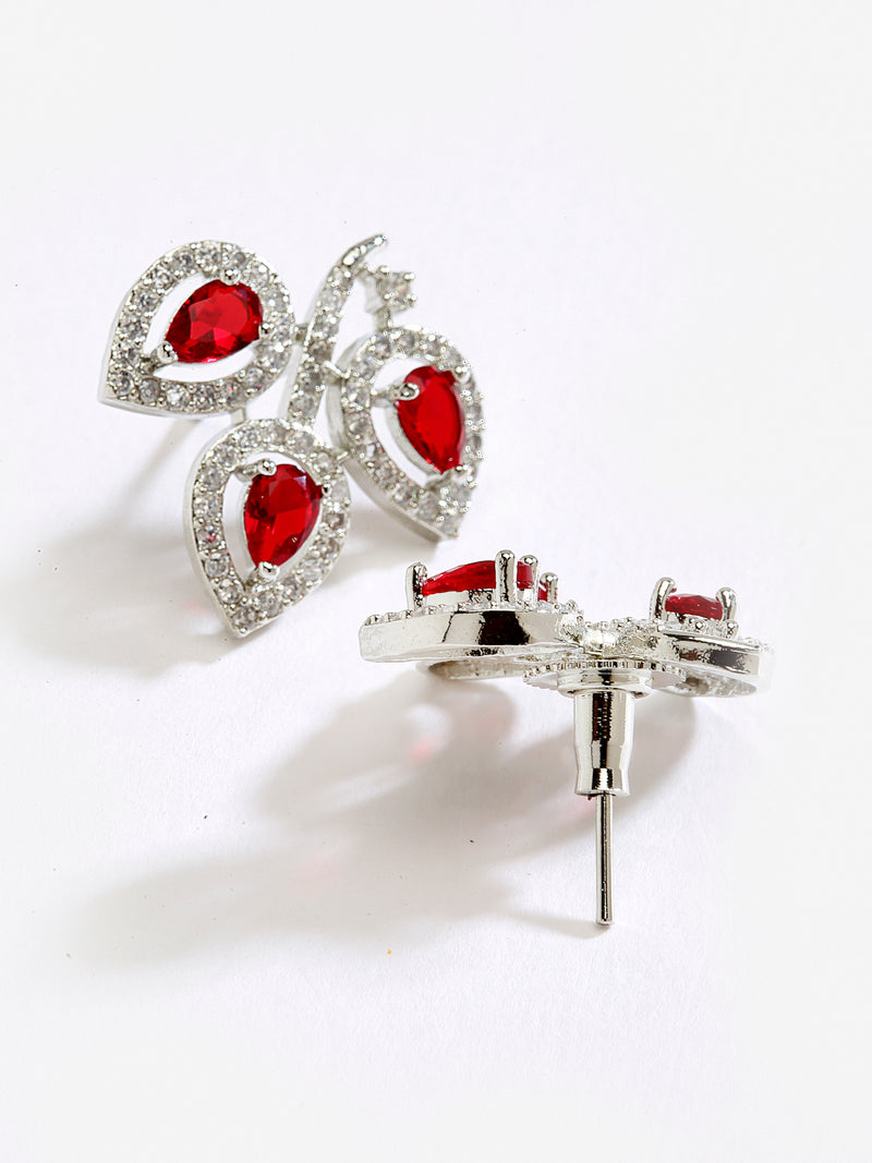 Rhodium-Plated with Silver-Toned Red American Diamond Leaf Shaped Studs Earrings