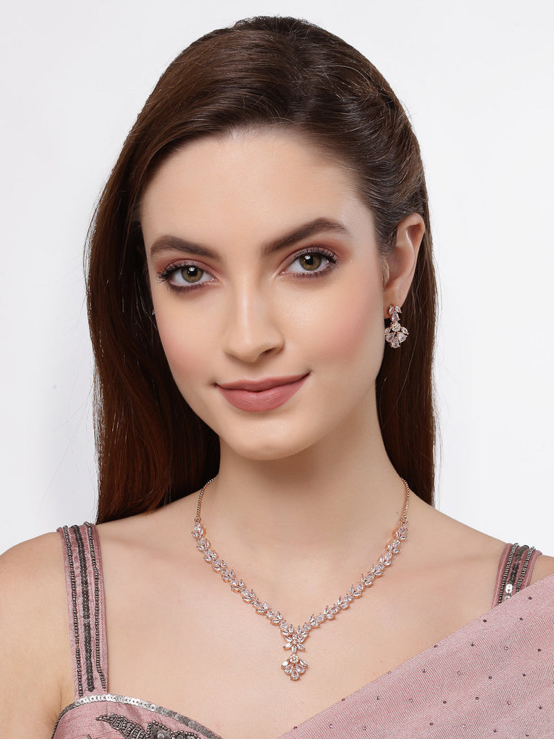 Rhodium Plated Silver Toned Floral Motif White AD Studded Necklace Set & Matching Earrings