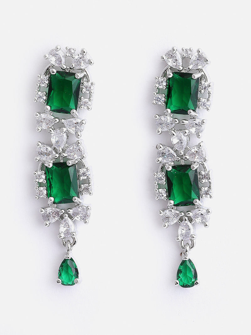 Rhodium-Plated with Silver-Tone & Green American Diamond Stone Studded Jewellery Set