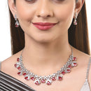 Rhodium-Plated with Silver-Tone & Red American Diamond Stone-Studded Jewellery Set