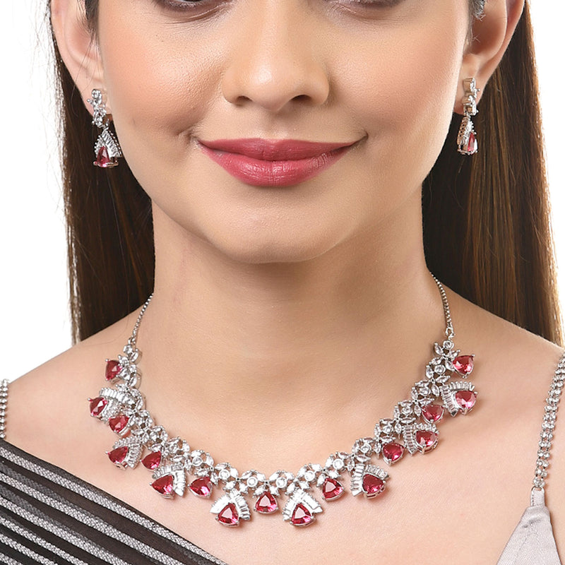 Rhodium-Plated with Silver-Tone & Red American Diamond Stone-Studded Jewellery Set