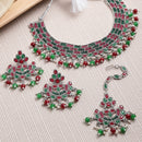 Rhodium-Plated with Silver-Tone Silver-Plated Red & Green Stones Studded Jewellery Set