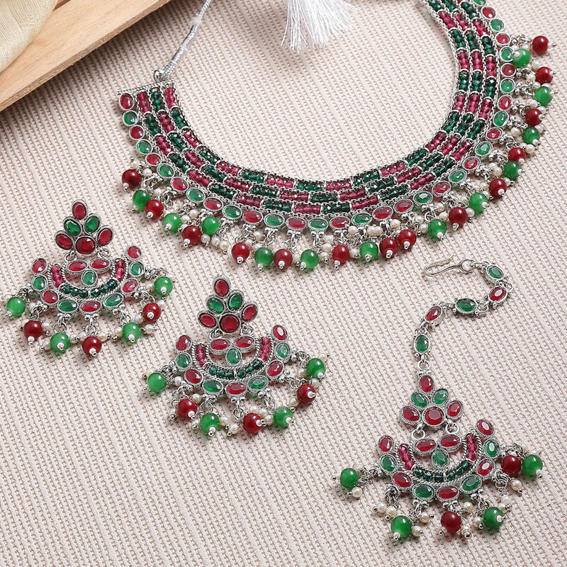 Rhodium-Plated with Silver-Tone Silver-Plated Red & Green Stones Studded Jewellery Set