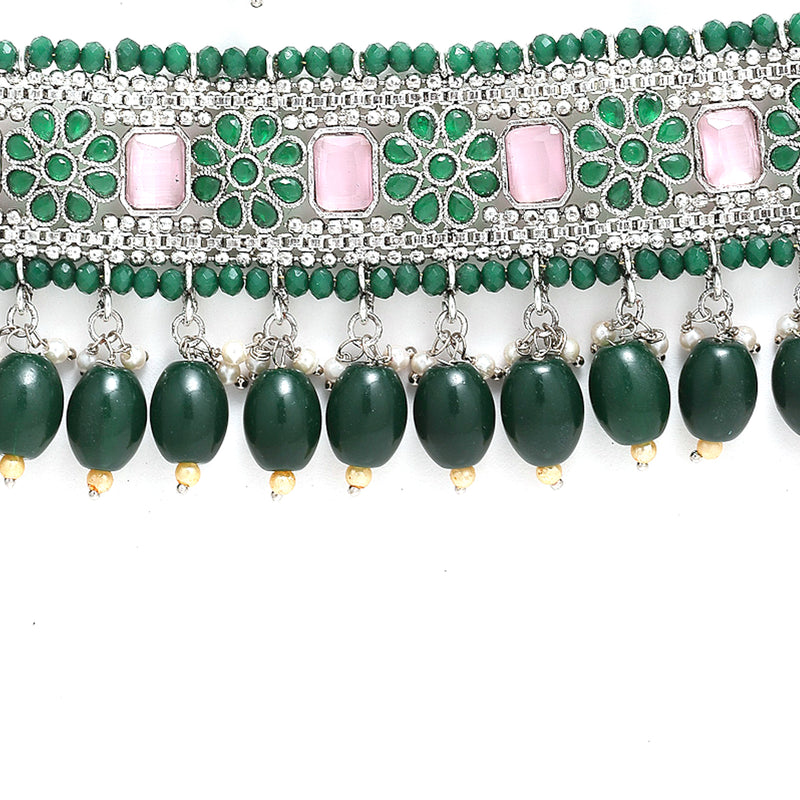 Rhodium-Plated with Silver-Tone Green & Pink Stone-Studded Traditional Choker