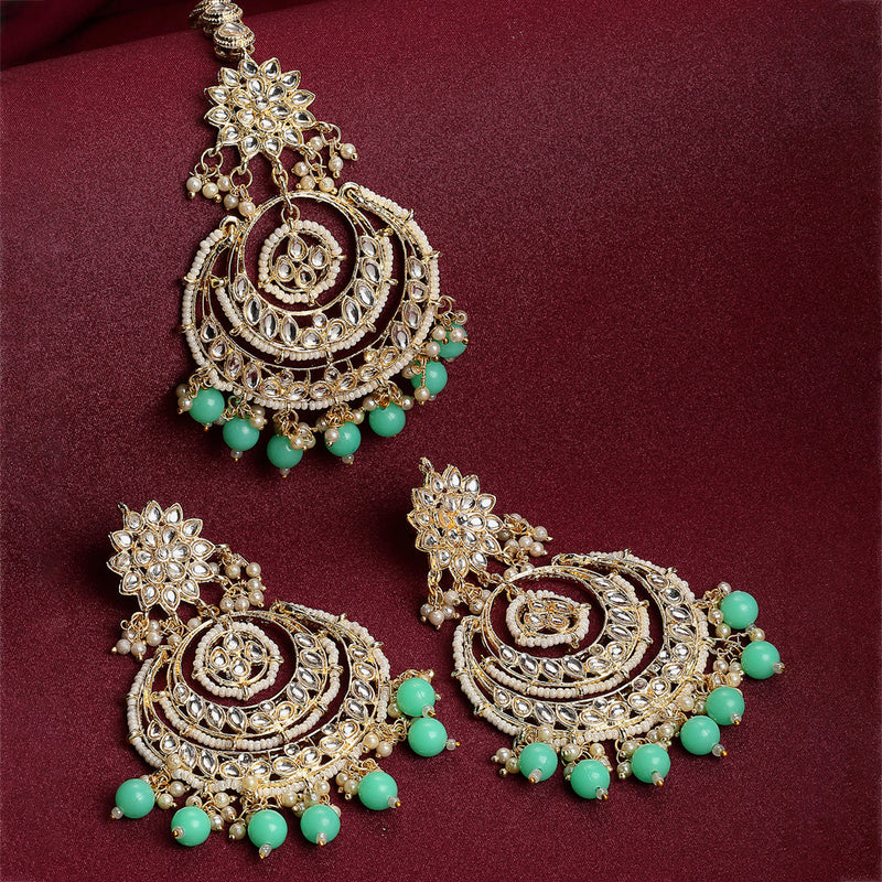 Rose Gold-Plated Sea Green American Diamond Studded Contemporary Head Jewellery With Earring