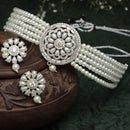 Rhodium-Plated with Silver-Tone White Stone-Studded Pearl-Beaded Jewellery Set