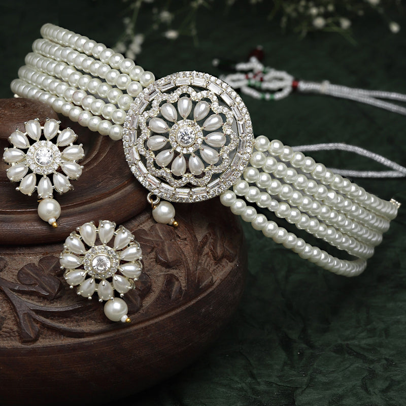 Rhodium-Plated with Silver-Tone White Stone-Studded Pearl-Beaded Jewellery Set