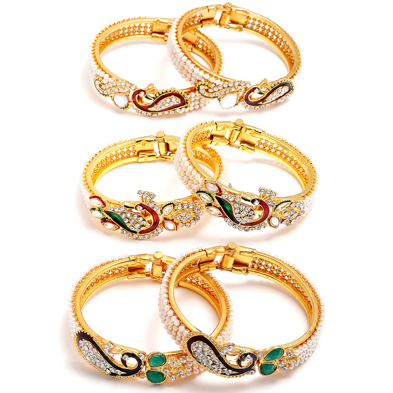Gold-Plated Toned & Green Brass  Set of 6 Kada Bracelet