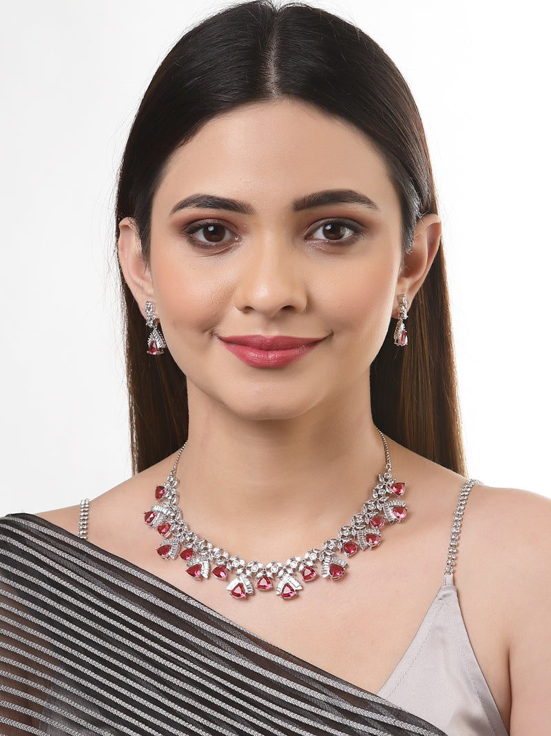 Rhodium-Plated with Silver-Tone & Red American Diamond Stone-Studded Jewellery Set