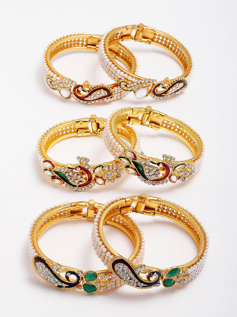 Gold-Plated Toned & Green Brass  Set of 6 Kada Bracelet