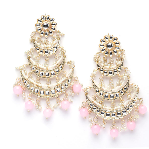 Gold-Plated Pink Pearls & Kundan studded Crescent Shaped Vilandi Drop Earrings